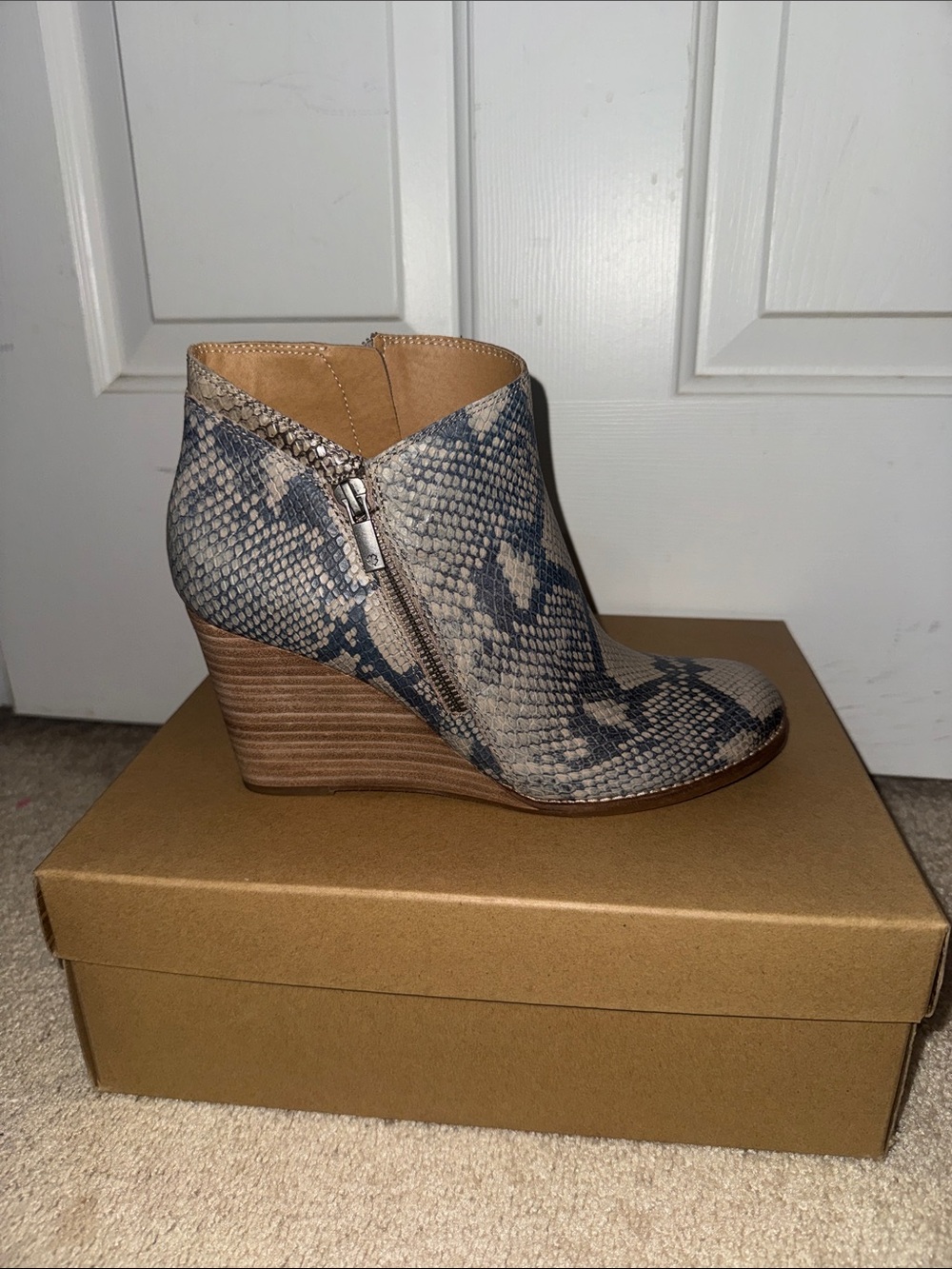 Lucky Barns Wedge Ankle Boot in Taupe Snake Print - Women's